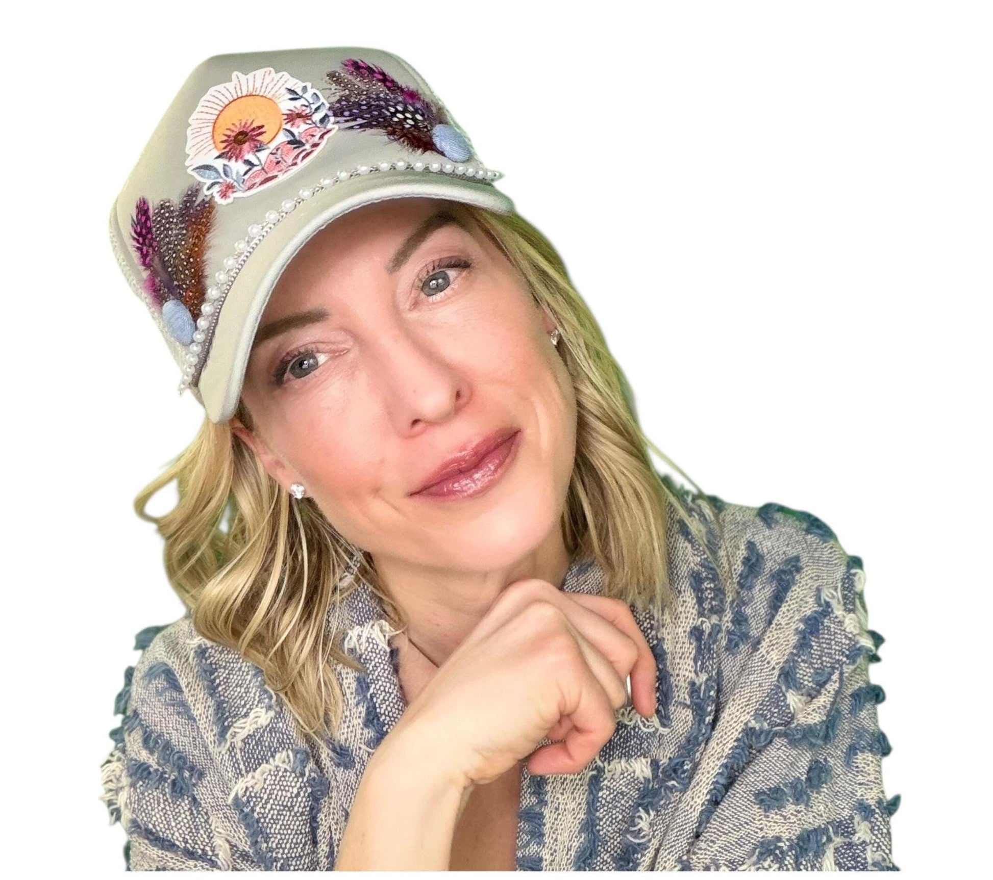 NEW Style Statement “SUNSET VIEWS” Patchwork Jeweled Trucker Hat