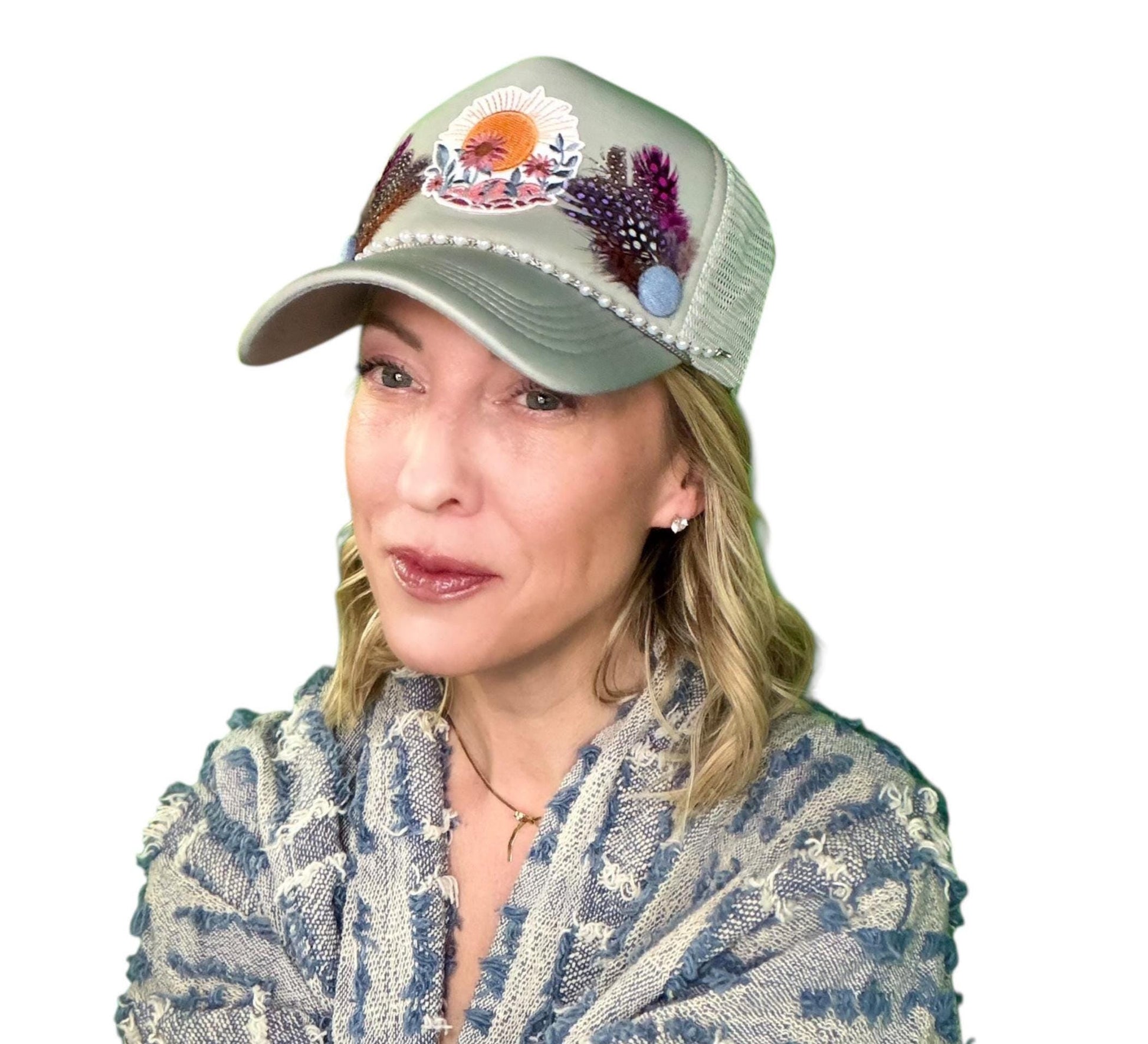 NEW Style Statement “SUNSET VIEWS” Patchwork Jeweled Trucker Hat