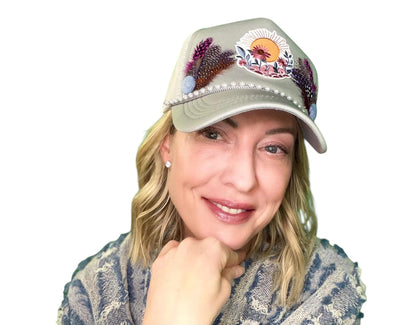 NEW Style Statement “SUNSET VIEWS” Patchwork Jeweled Trucker Hat