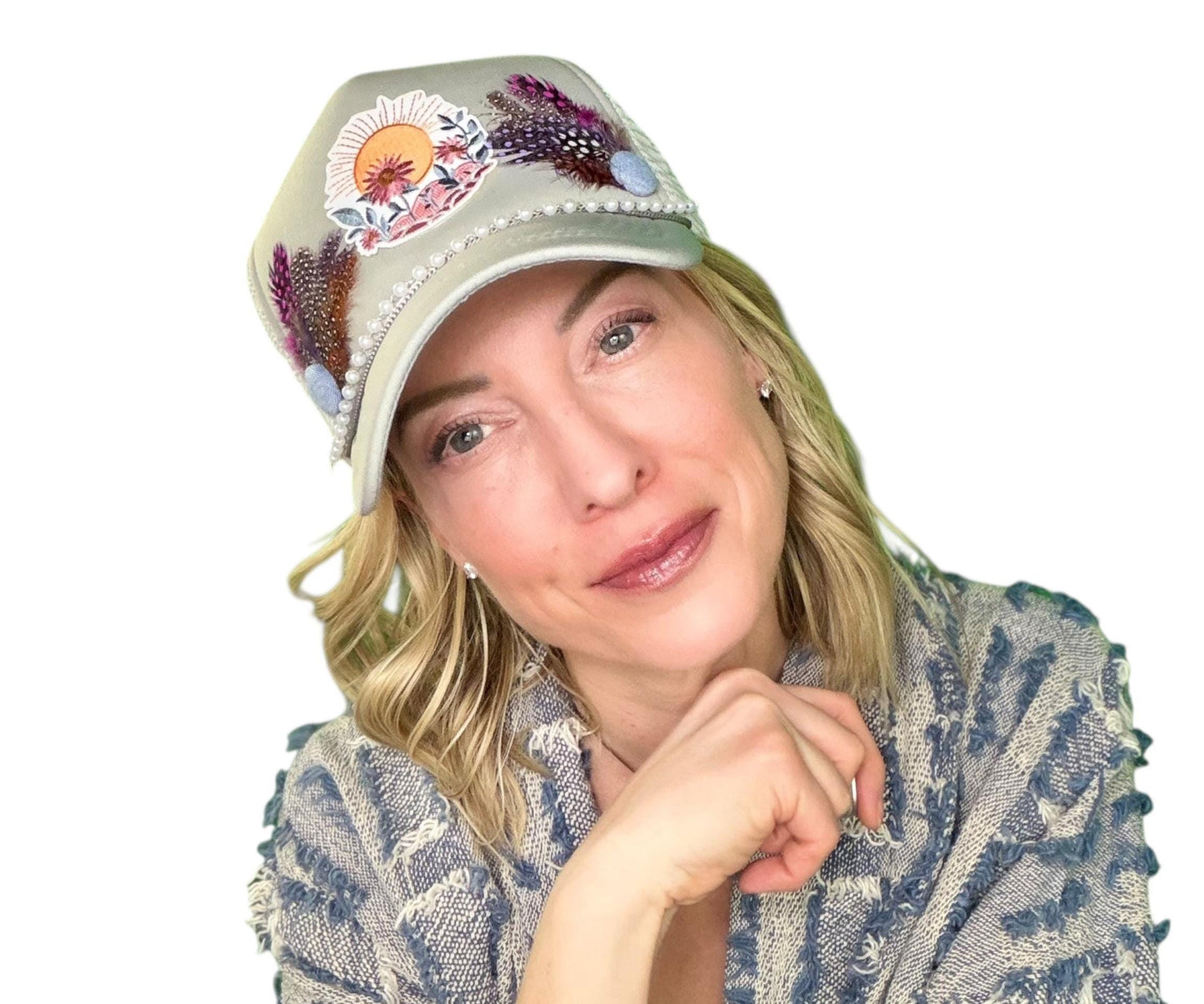 NEW Style Statement “SUNSET VIEWS” Patchwork Jeweled Trucker Hat