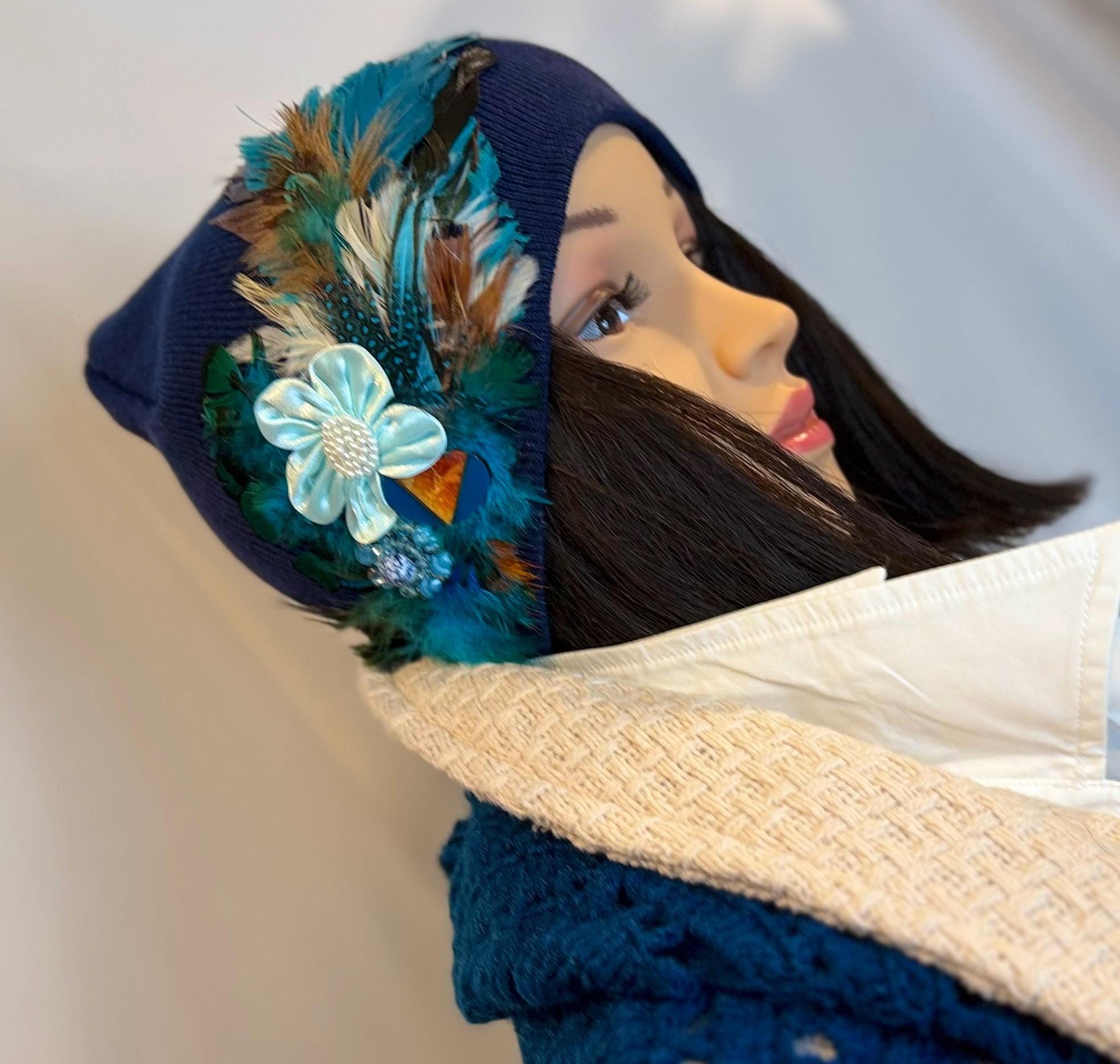 Fancy Feathered Jeweled Knit Hat - Vintage Floral Winter Flapper Beanie - Luxury Skiing Hat