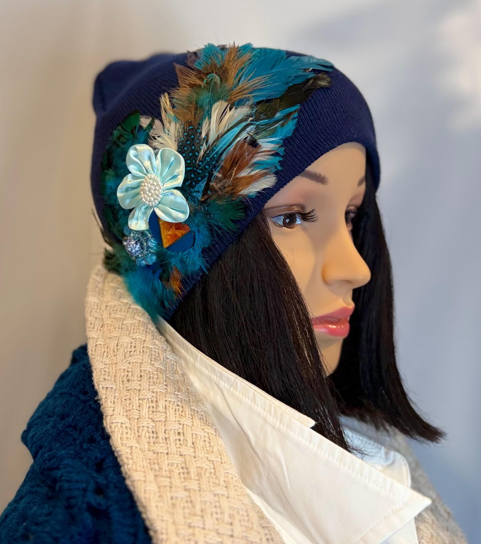 Fancy Feathered Jeweled Knit Hat - Vintage Floral Winter Flapper Beanie - Luxury Skiing Hat