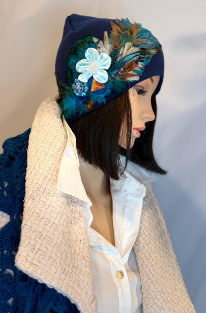 Fancy Feathered Jeweled Knit Hat - Vintage Floral Winter Flapper Beanie - Luxury Skiing Hat