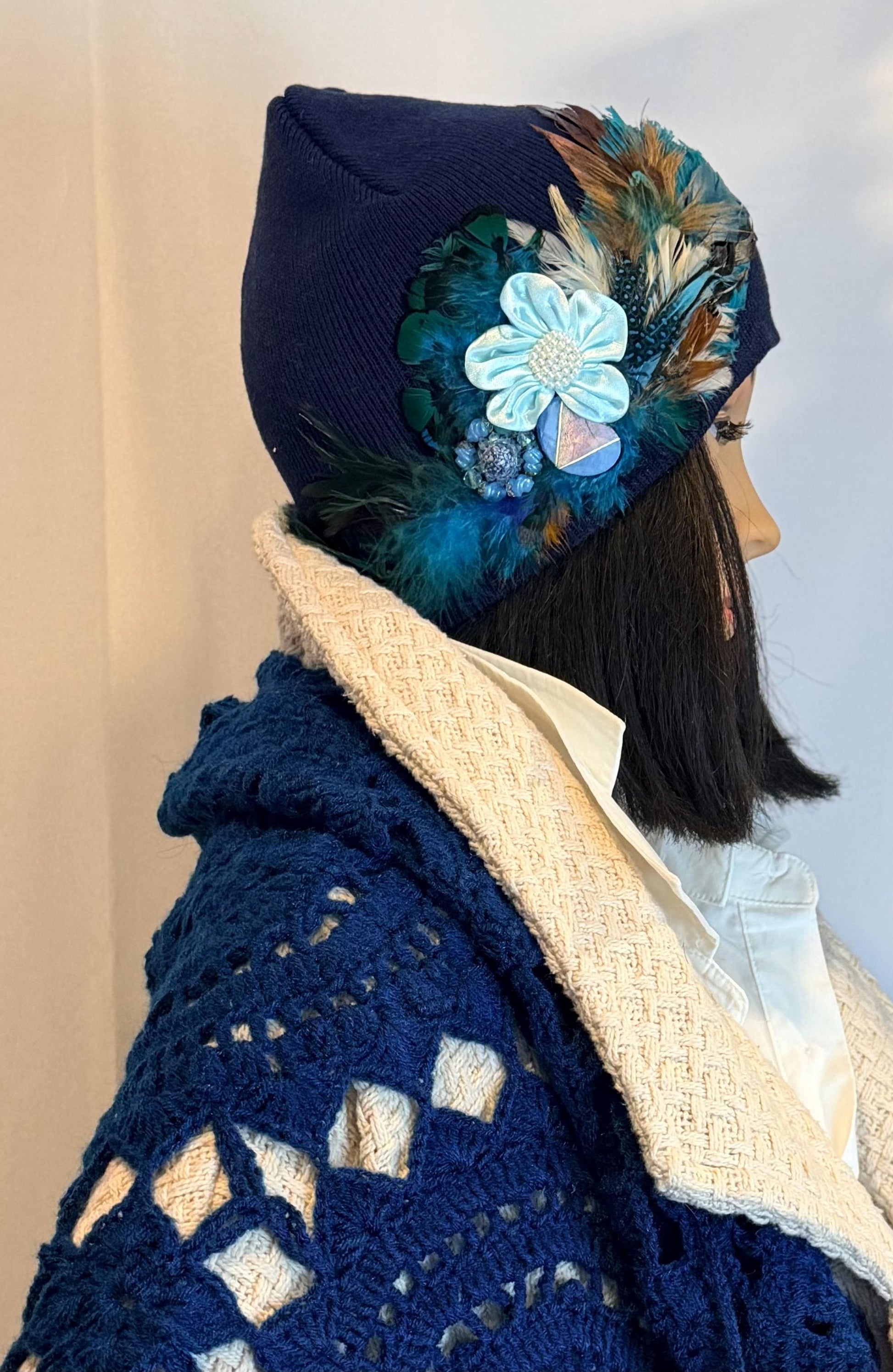 Fancy Feathered Jeweled Knit Hat - Vintage Floral Winter Flapper Beanie - Luxury Skiing Hat