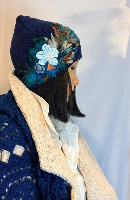 Fancy Feathered Jeweled Knit Hat - Vintage Floral Winter Flapper Beanie - Luxury Skiing Hat