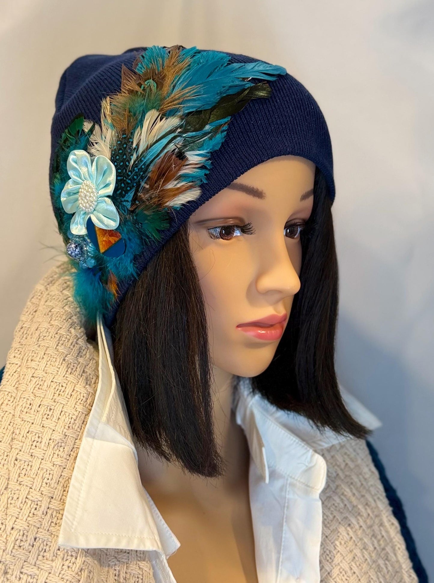 Fancy Feathered Jeweled Knit Hat - Vintage Floral Winter Flapper Beanie - Luxury Skiing Hat