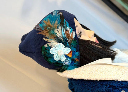 Fancy Feathered Jeweled Knit Hat - Vintage Floral Winter Flapper Beanie - Luxury Skiing Hat