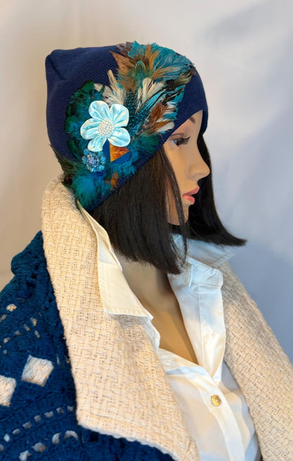 Fancy Feathered Jeweled Knit Hat - Vintage Floral Winter Flapper Beanie - Luxury Skiing Hat