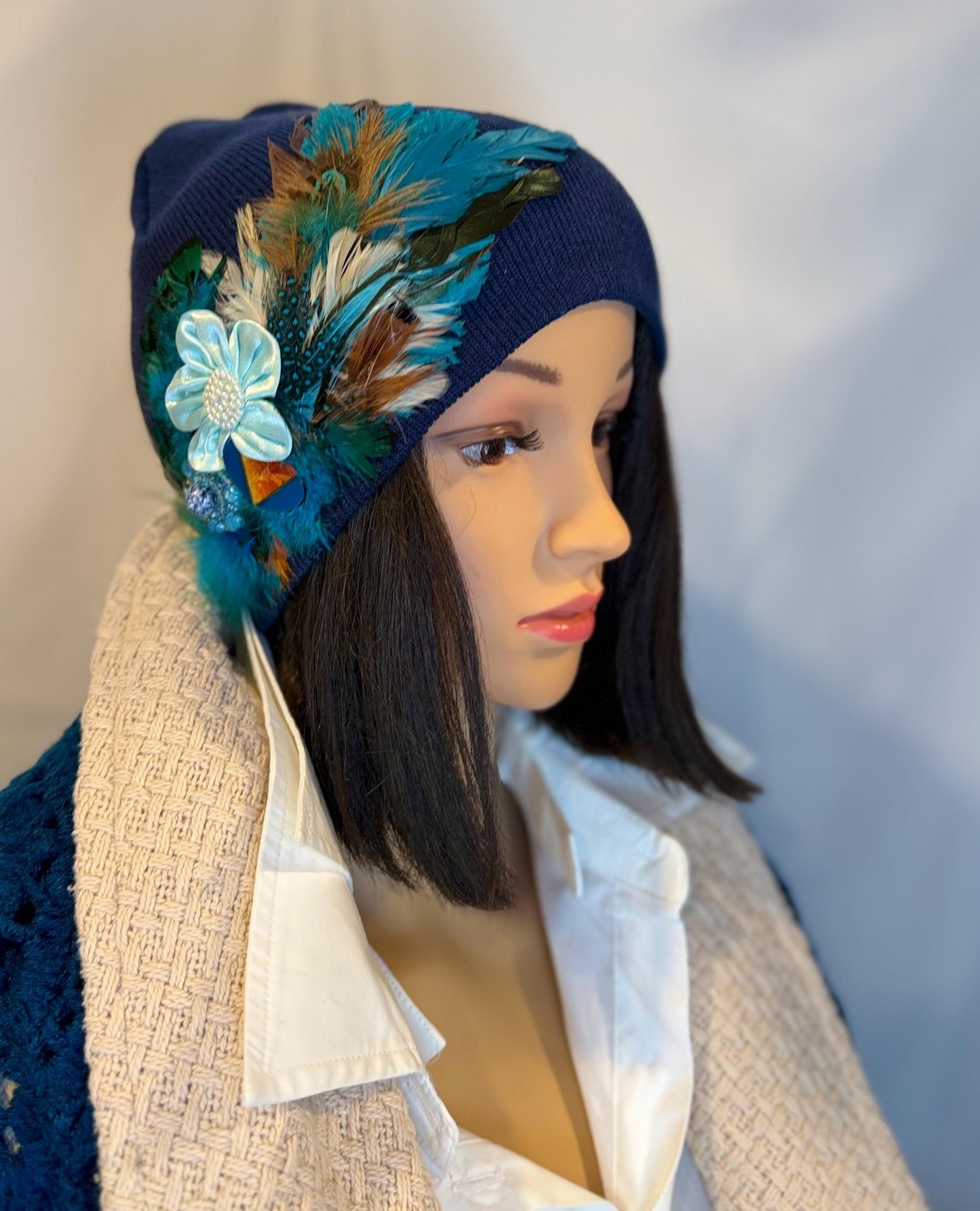 Fancy Feathered Jeweled Knit Hat - Vintage Floral Winter Flapper Beanie - Luxury Skiing Hat