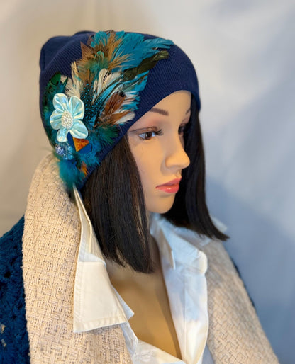 Fancy Feathered Jeweled Knit Hat - Vintage Floral Winter Flapper Beanie - Luxury Skiing Hat