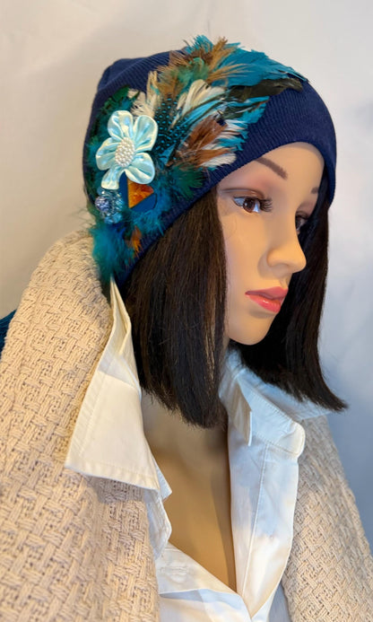 Fancy Feathered Jeweled Knit Hat - Vintage Floral Winter Flapper Beanie - Luxury Skiing Hat