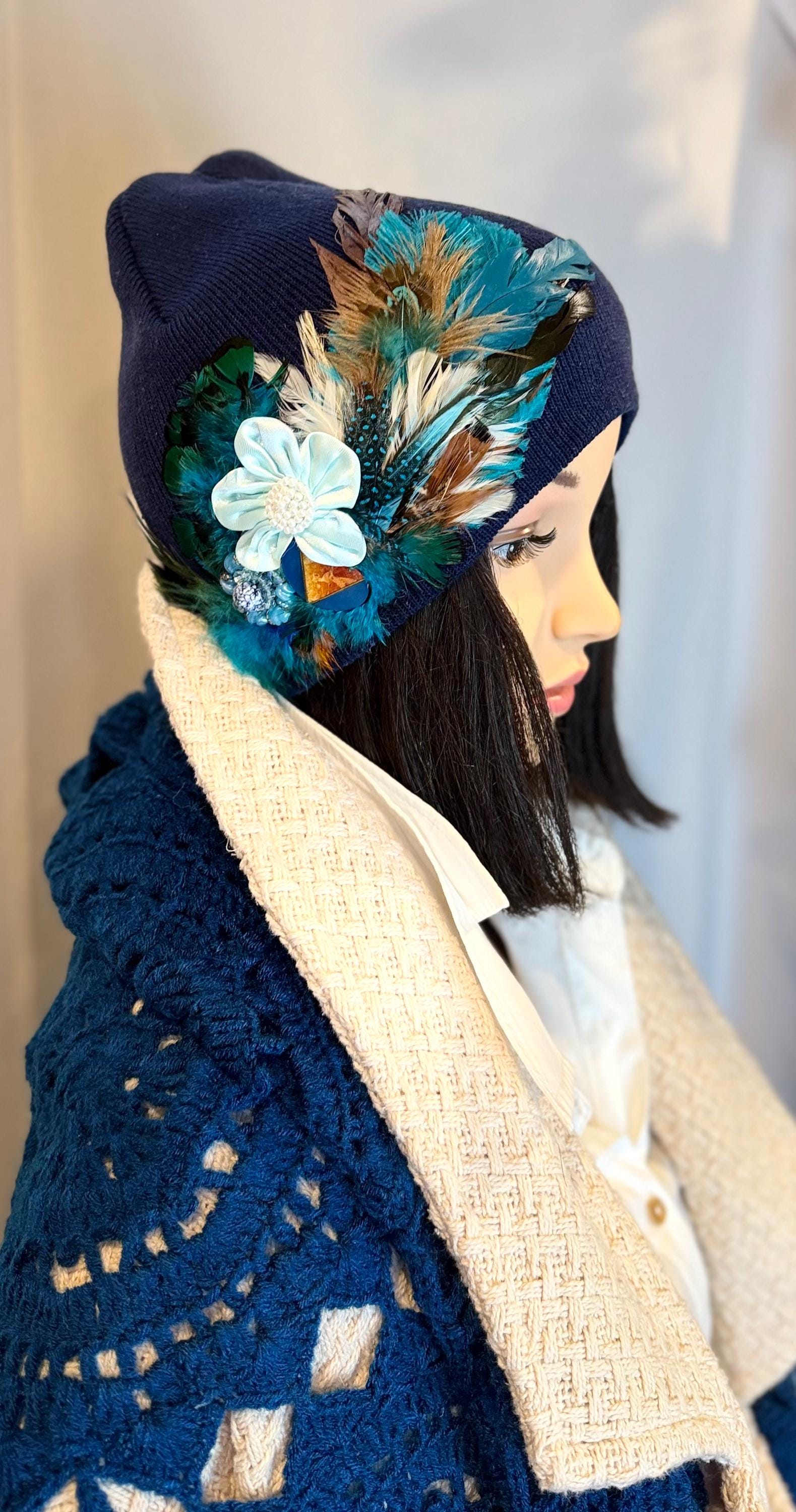 Fancy Feathered Jeweled Knit Hat - Vintage Floral Winter Flapper Beanie - Luxury Skiing Hat