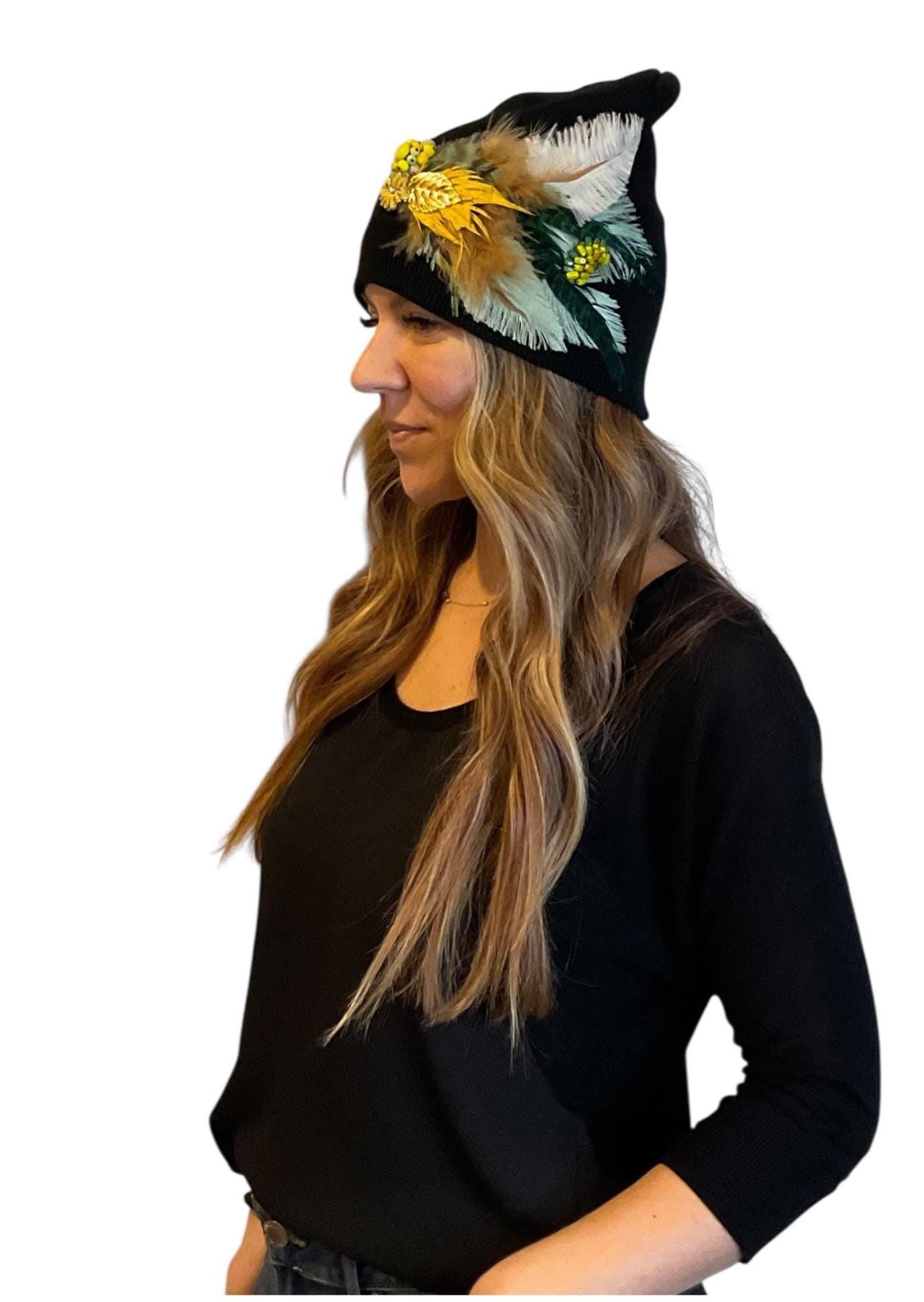 Golden Afternoon Stroll - Black Vintage Embellished Jeweled & Feathered Boho Knit Sparkly Winter Flapper Style Hat
