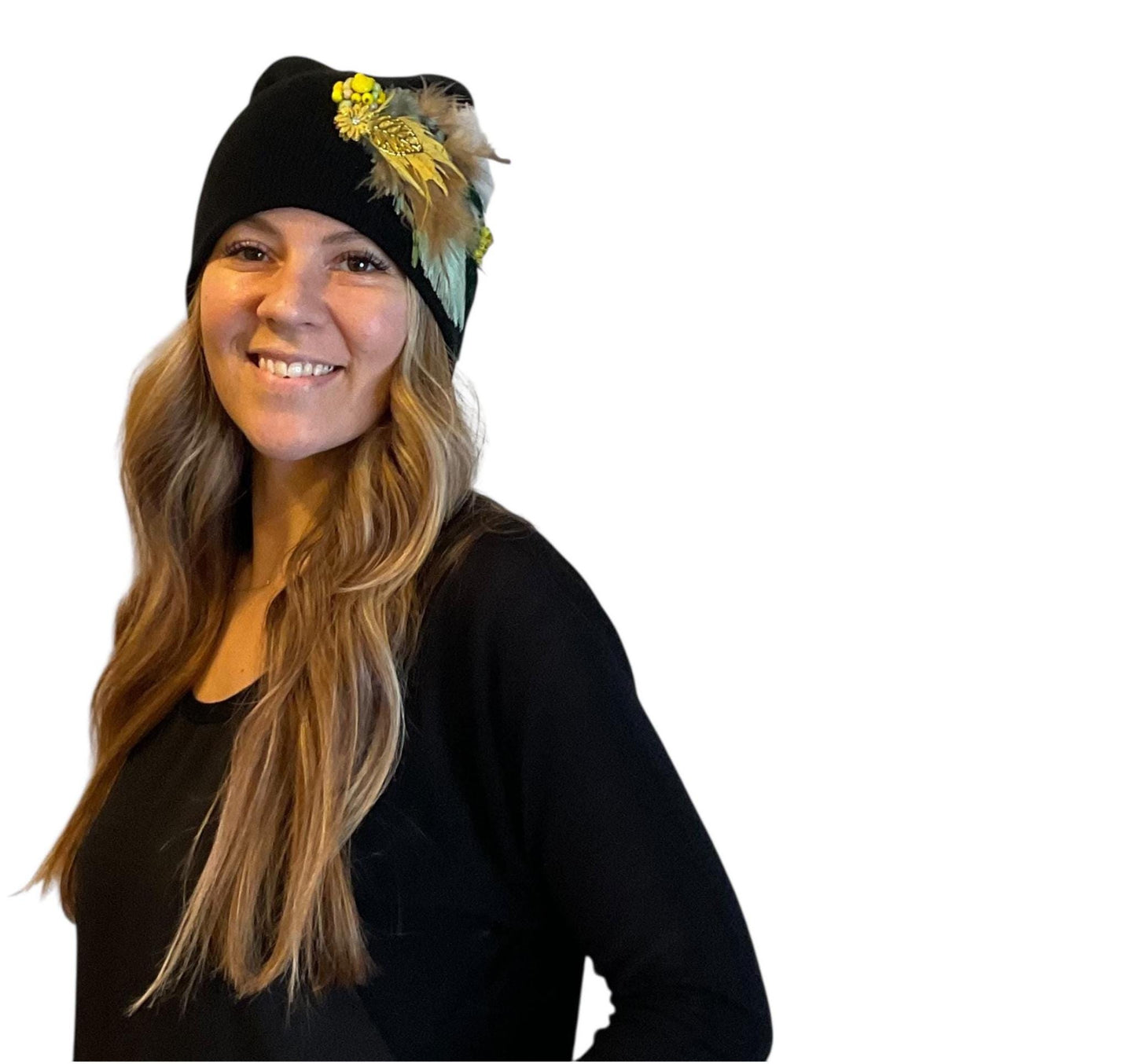 Golden Afternoon Stroll - Black Vintage Embellished Jeweled & Feathered Boho Knit Sparkly Winter Flapper Style Hat
