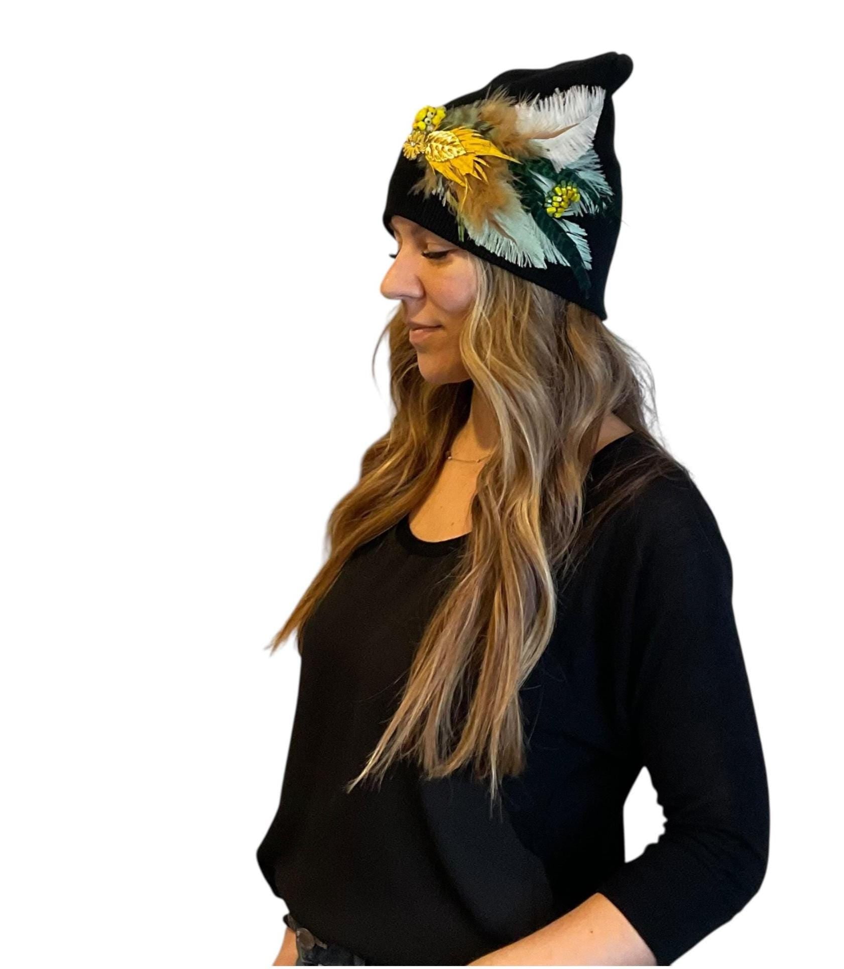 Golden Afternoon Stroll - Black Vintage Embellished Jeweled & Feathered Boho Knit Sparkly Winter Flapper Style Hat