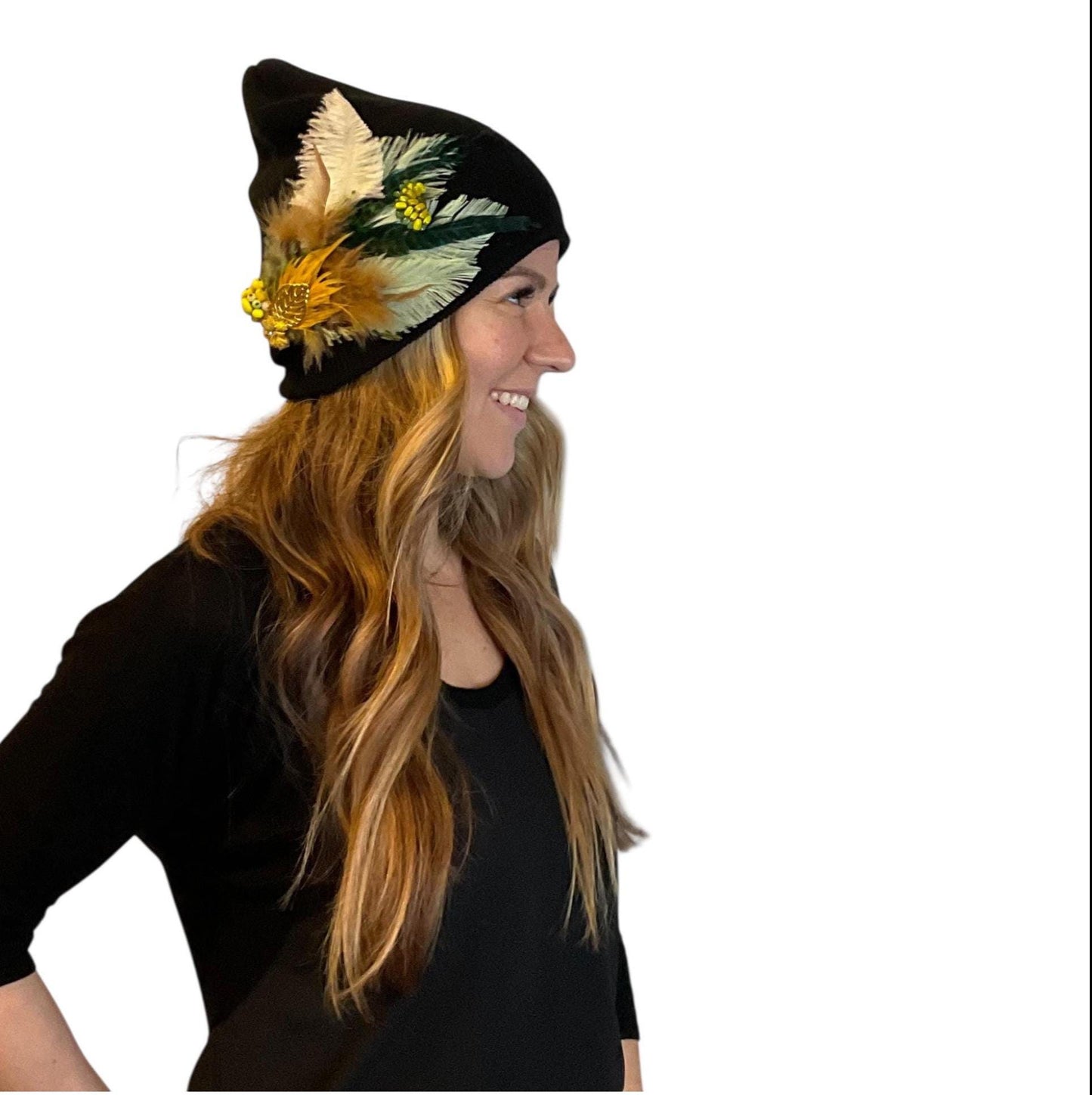 Golden Afternoon Stroll - Black Vintage Embellished Jeweled & Feathered Boho Knit Sparkly Winter Flapper Style Hat