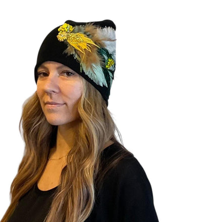 Golden Afternoon Stroll - Black Vintage Embellished Jeweled & Feathered Boho Knit Sparkly Winter Flapper Style Hat