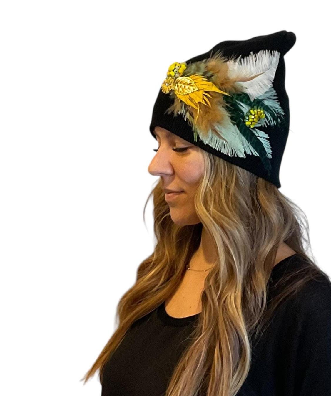 Golden Afternoon Stroll - Black Vintage Embellished Jeweled & Feathered Boho Knit Sparkly Winter Flapper Style Hat