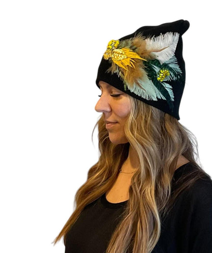 Golden Afternoon Stroll - Black Vintage Embellished Jeweled & Feathered Boho Knit Sparkly Winter Flapper Style Hat