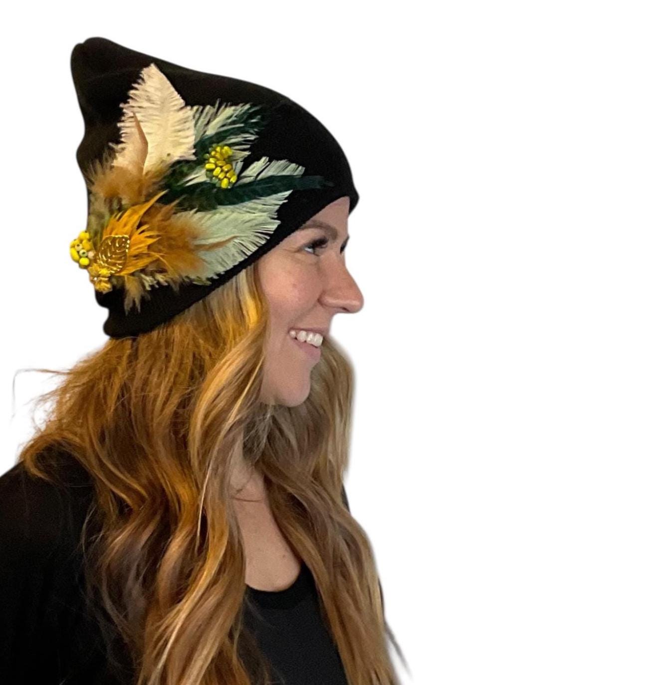 Golden Afternoon Stroll - Black Vintage Embellished Jeweled & Feathered Boho Knit Sparkly Winter Flapper Style Hat