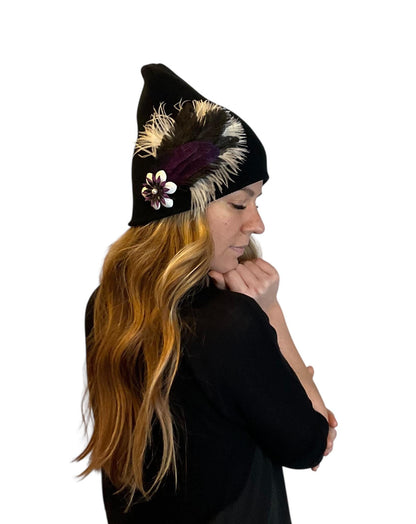 BLACK Embellished Feathered & Jeweled Knit Hat