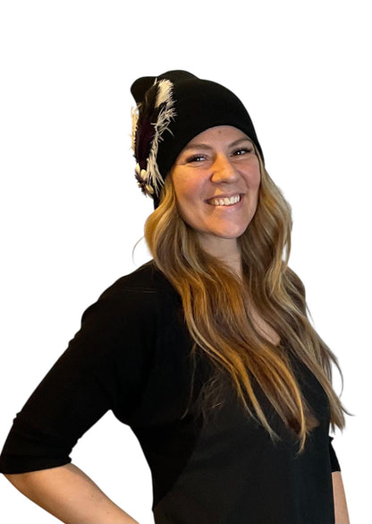 BLACK Embellished Feathered & Jeweled Knit Hat