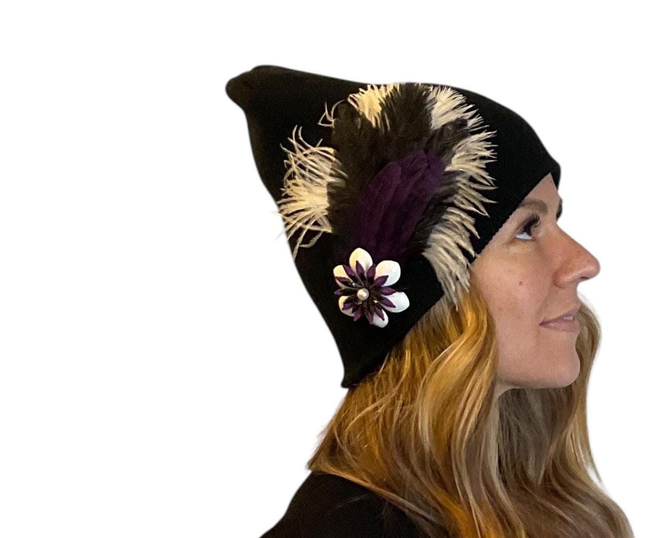 BLACK Embellished Feathered & Jeweled Knit Hat