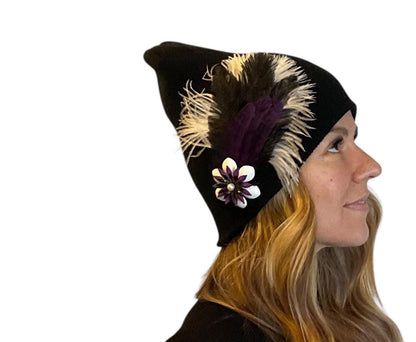 BLACK Embellished Feathered & Jeweled Knit Hat
