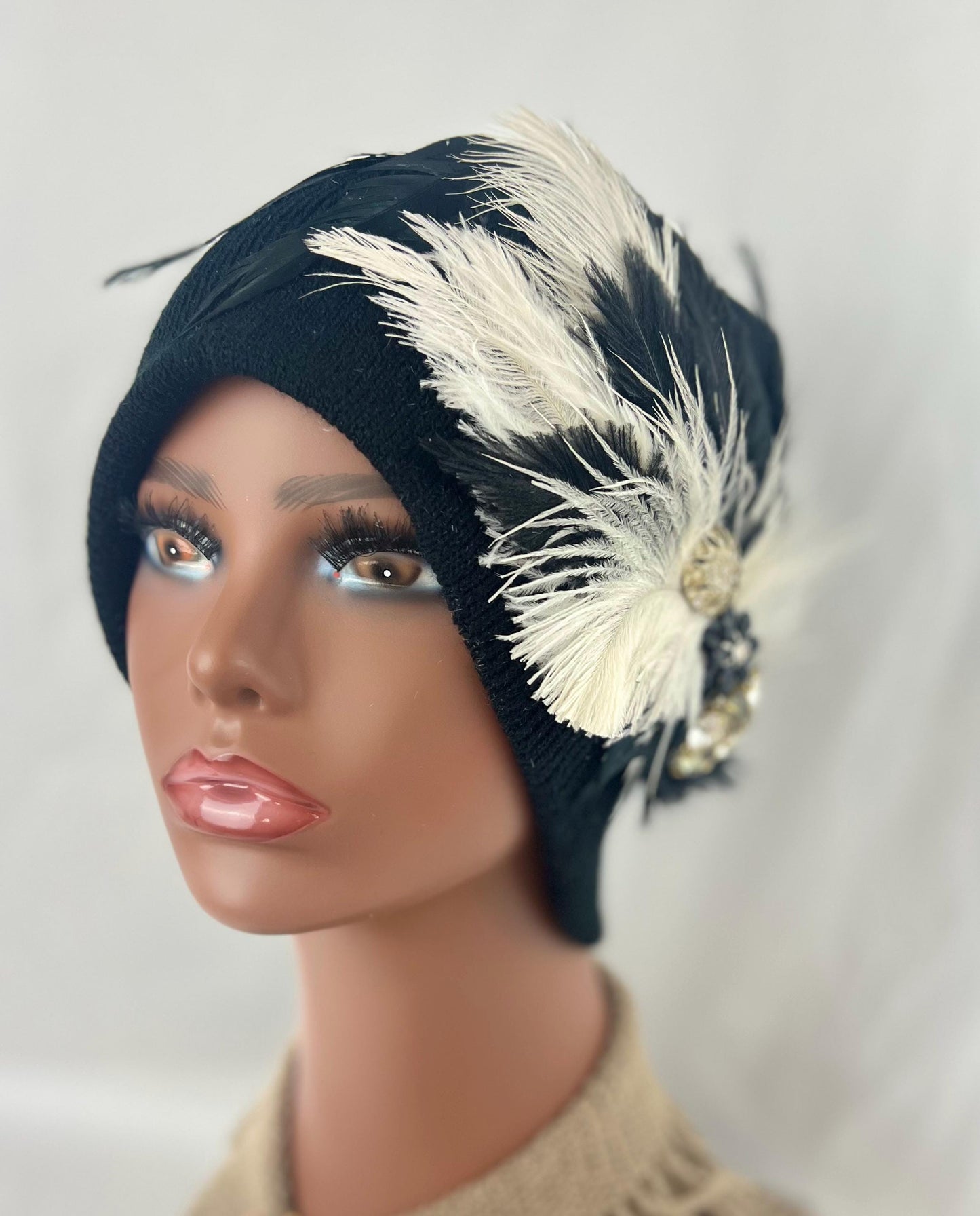 BLACK Embellished Feathered & Jeweled Knit Hat