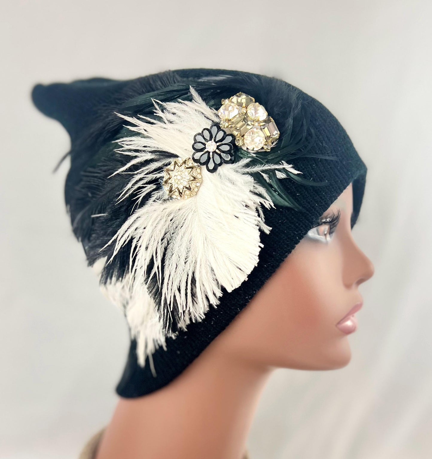 Retro Nights Black Vintage Jeweled & Feathered Fashionable Fancy Winter Hat