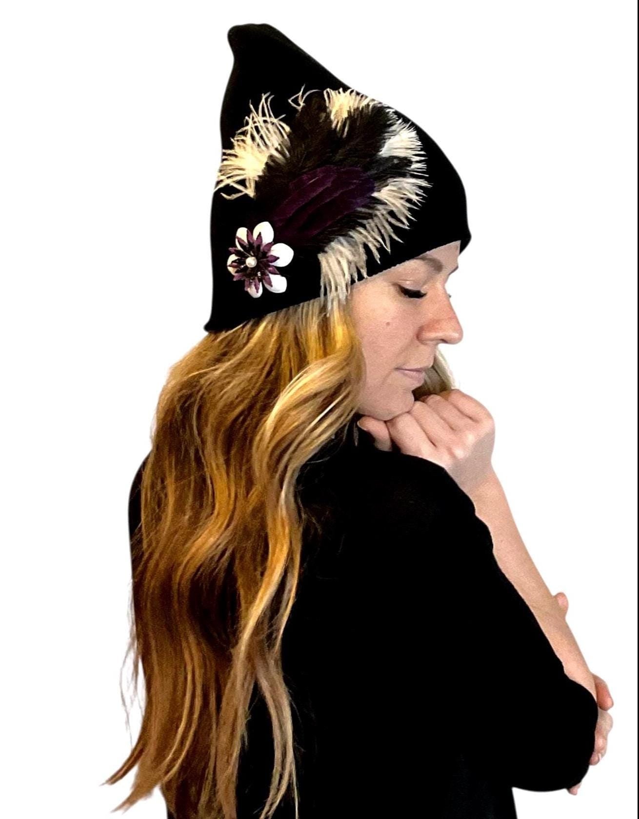 BLACK Embellished Feathered & Jeweled Knit Hat