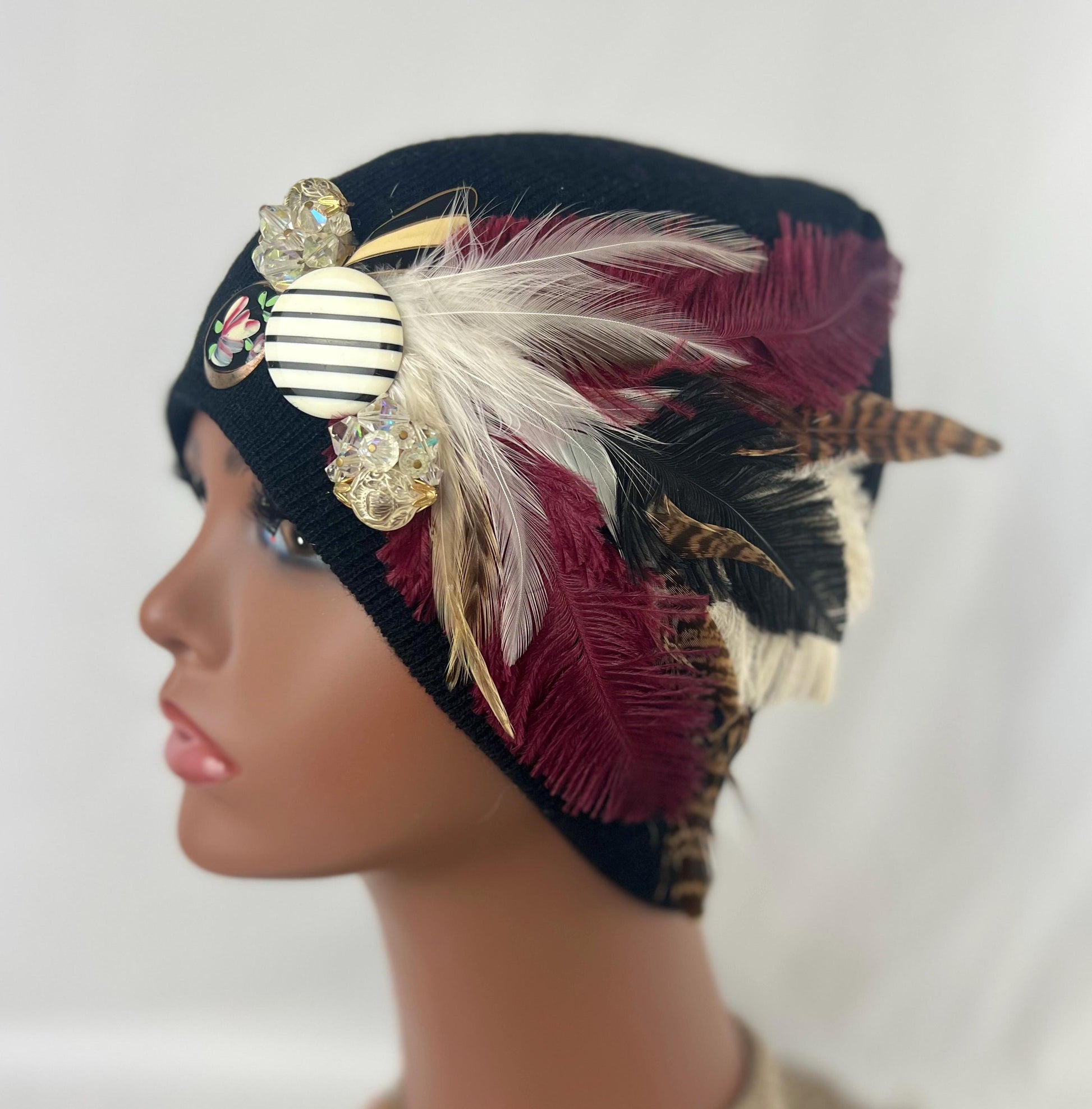 Retro Nights Black Vintage Jeweled & Feathered Fashionable Fancy Winter Hat