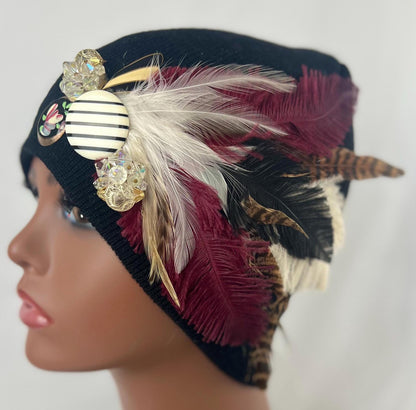 Retro Nights Black Vintage Jeweled & Feathered Fashionable Fancy Winter Hat