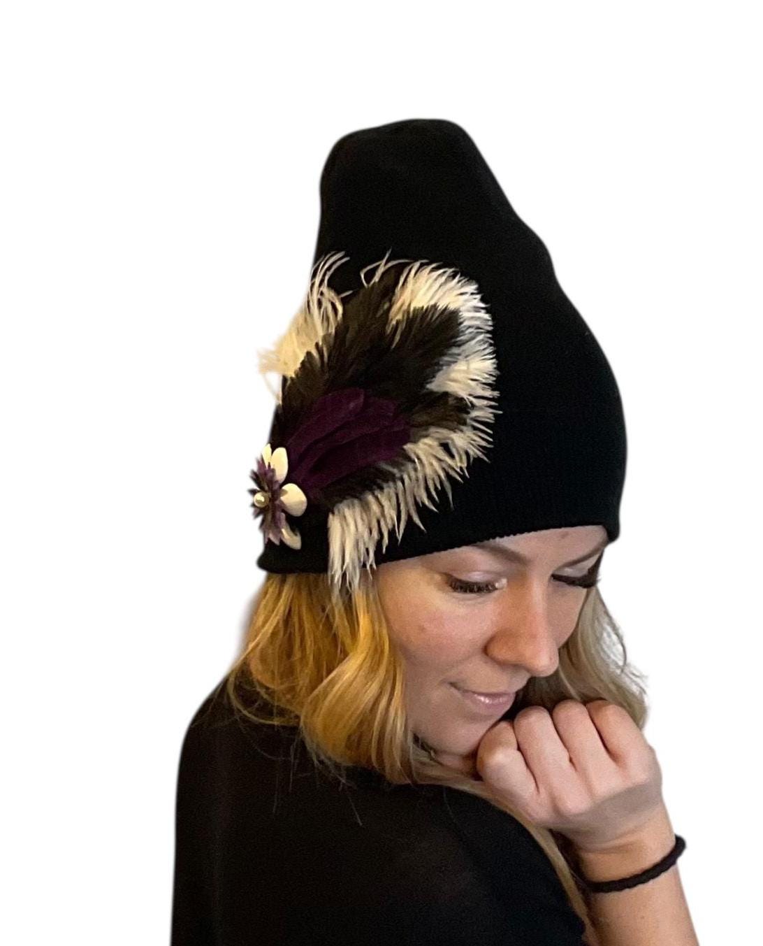 BLACK Embellished Feathered & Jeweled Knit Hat