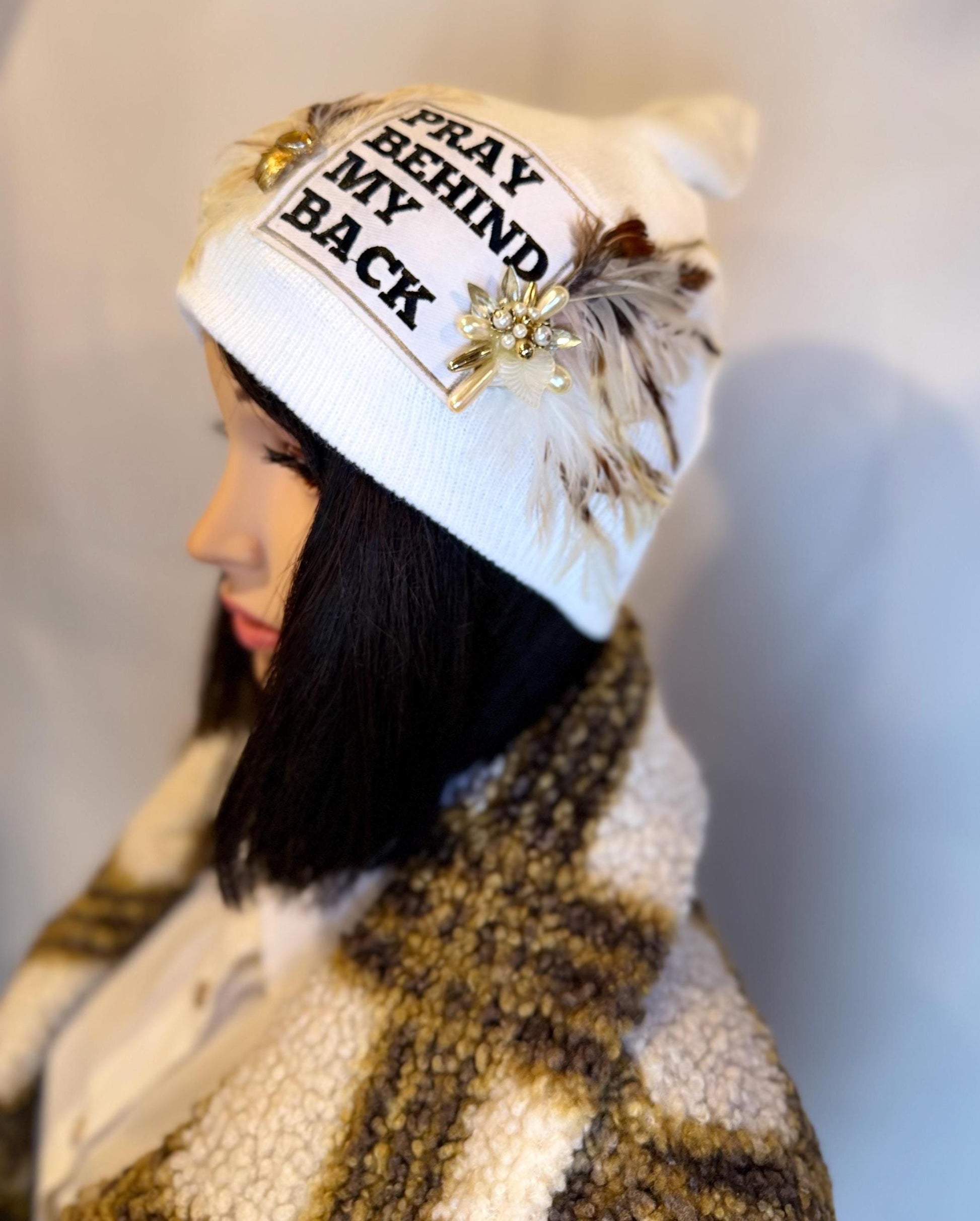 NEW Style Statement “Pray Behind My Back” Patchwork Jeweled Fashionable Winter Hat