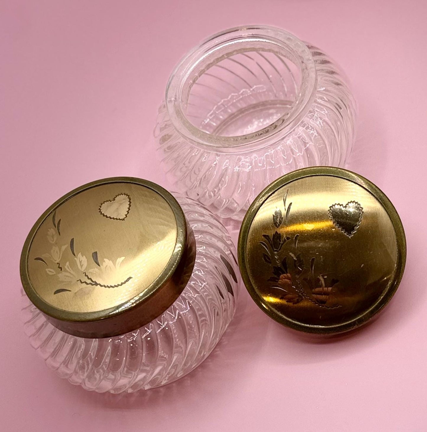 Vintage Collectible Vanity Powder Glass Jars - Heart Motif Ladies Dresser Jars