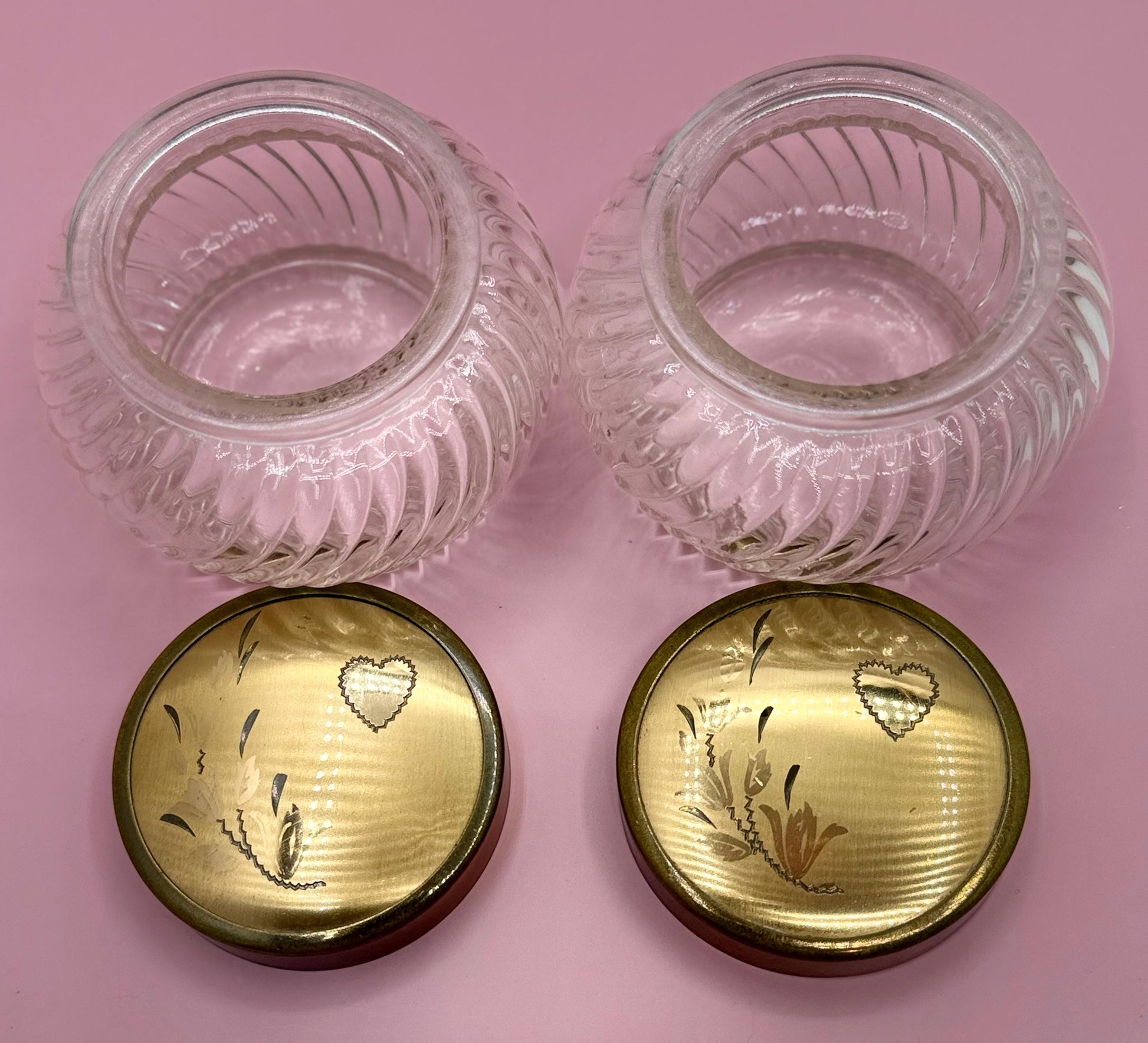 Vintage Collectible Vanity Powder Glass Jars - Heart Motif Ladies Dresser Jars