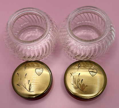 Vintage Collectible Vanity Powder Glass Jars - Heart Motif Ladies Dresser Jars