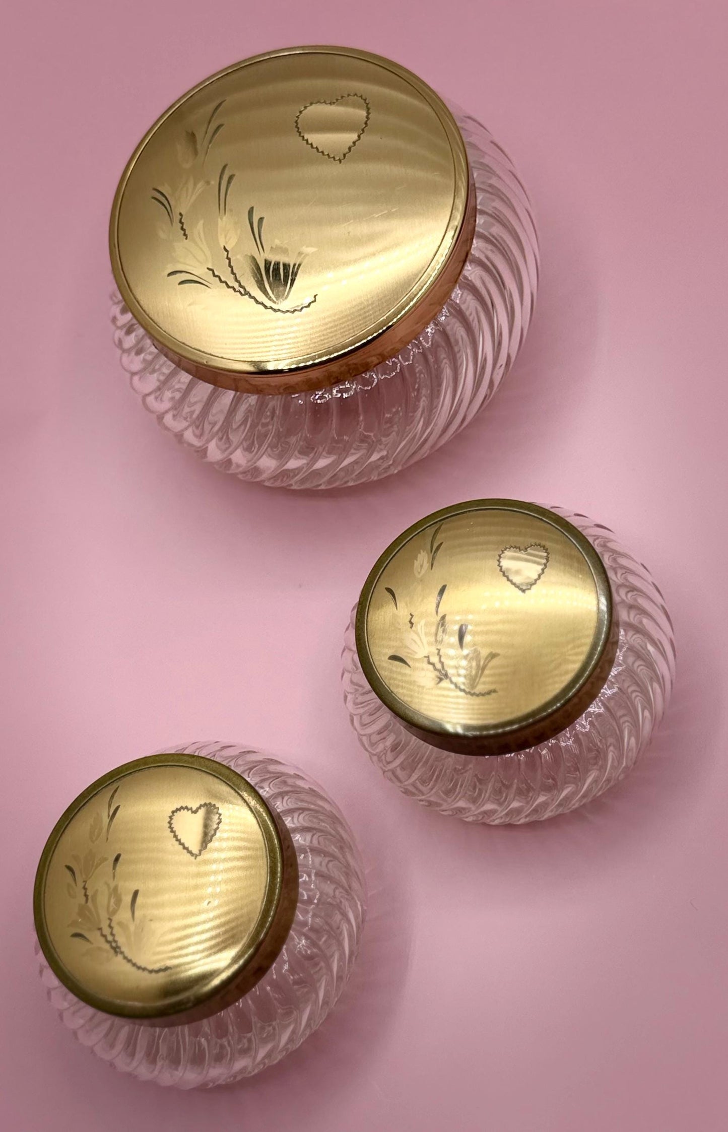Vintage Collectible Vanity Powder Glass Jars - Heart Motif Ladies Dresser Jars