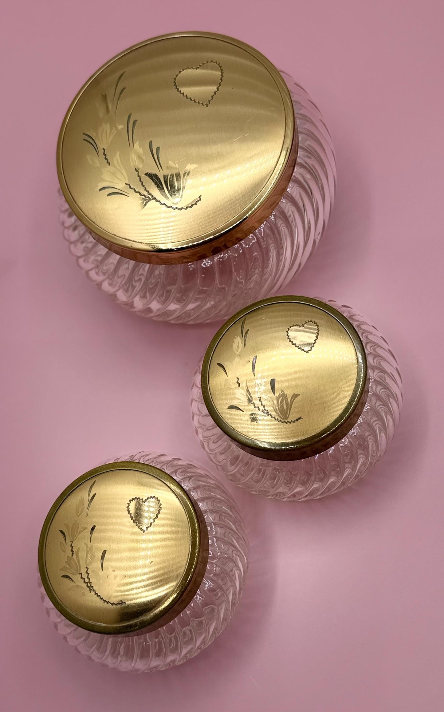 Vintage Collectible Vanity Powder Glass Jars - Heart Motif Ladies Dresser Jars