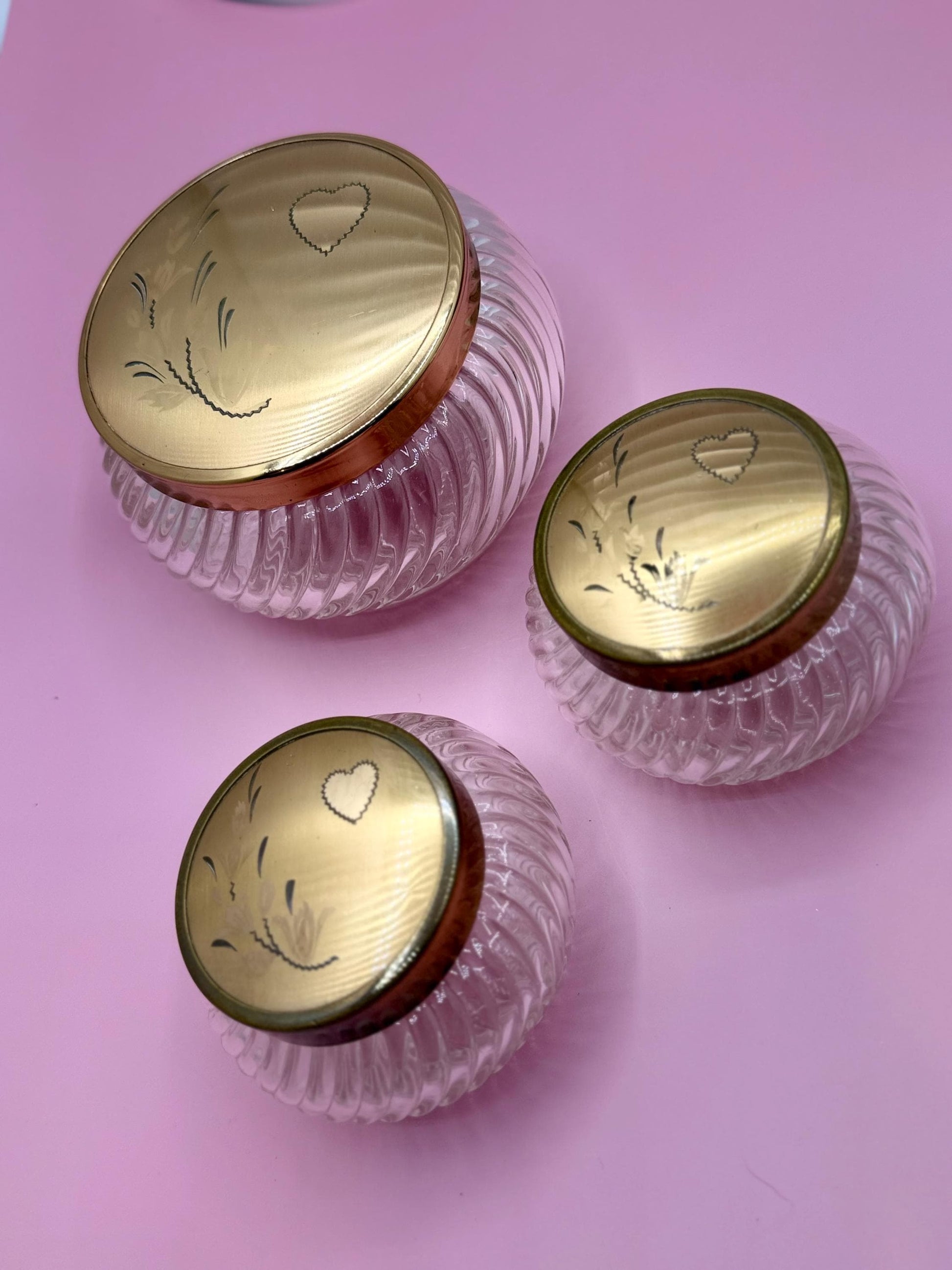 Vintage Collectible Vanity Powder Glass Jars - Heart Motif Ladies Dresser Jars