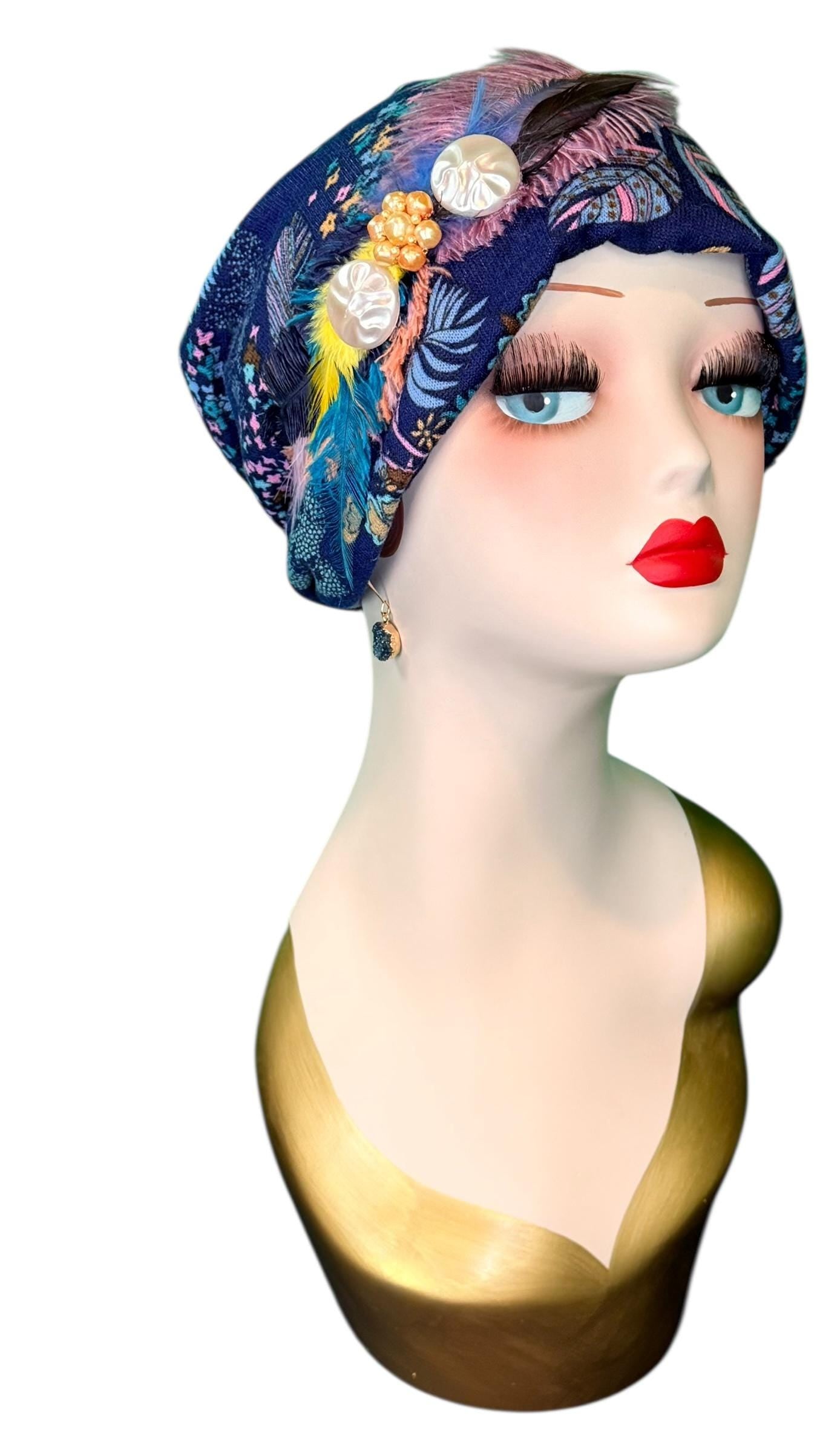 Fancy Feathered Jeweled Knit Hat - Sparkly Winter Flapper Beanie - Luxury Skiing Hat