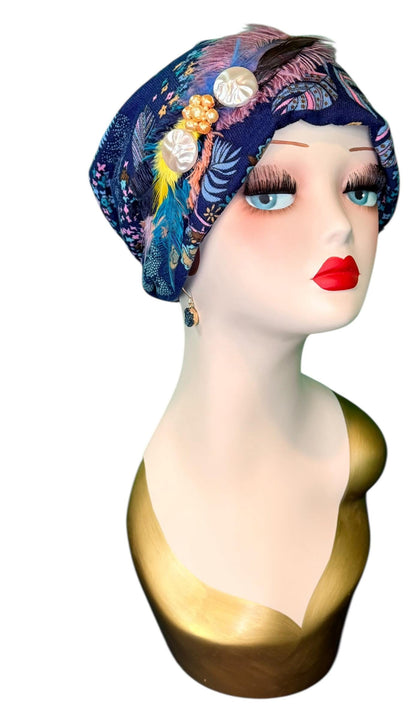 Fancy Feathered Jeweled Knit Hat - Sparkly Winter Flapper Beanie - Luxury Skiing Hat