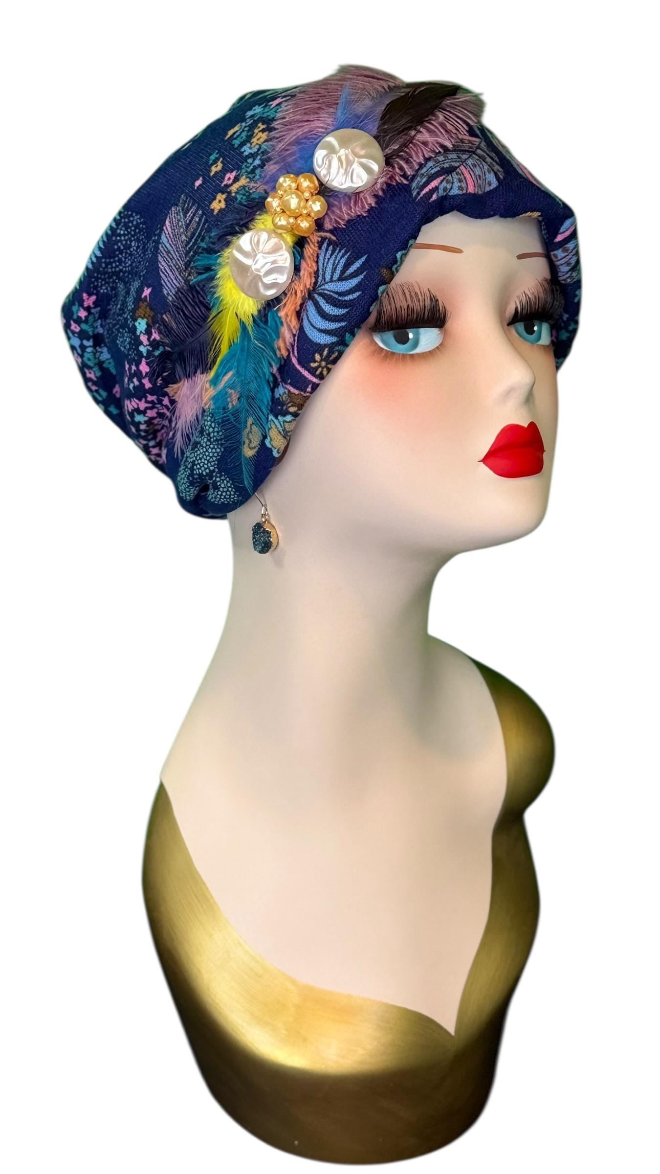 Fancy Feathered Jeweled Knit Hat - Sparkly Winter Flapper Beanie - Luxury Skiing Hat