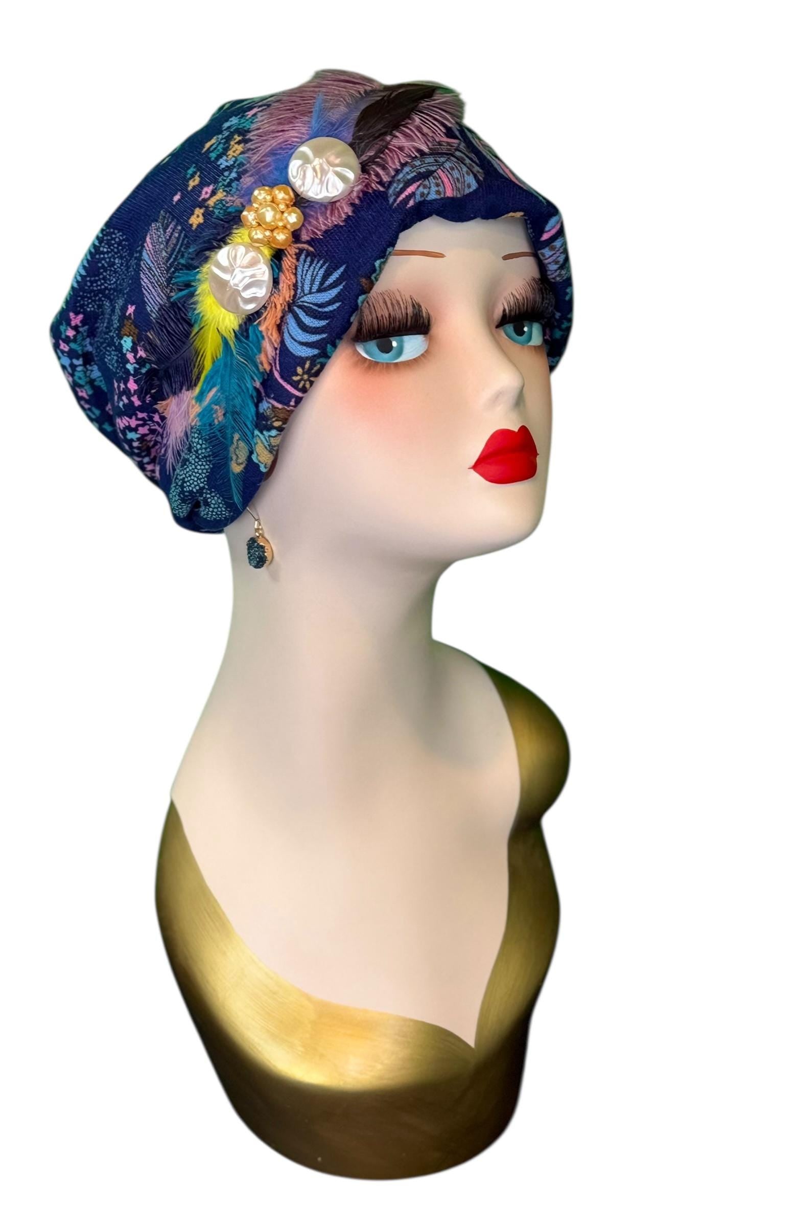 Fancy Feathered Jeweled Knit Hat - Sparkly Winter Flapper Beanie - Luxury Skiing Hat