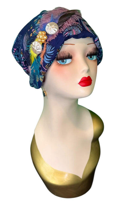 Fancy Feathered Jeweled Knit Hat - Sparkly Winter Flapper Beanie - Luxury Skiing Hat