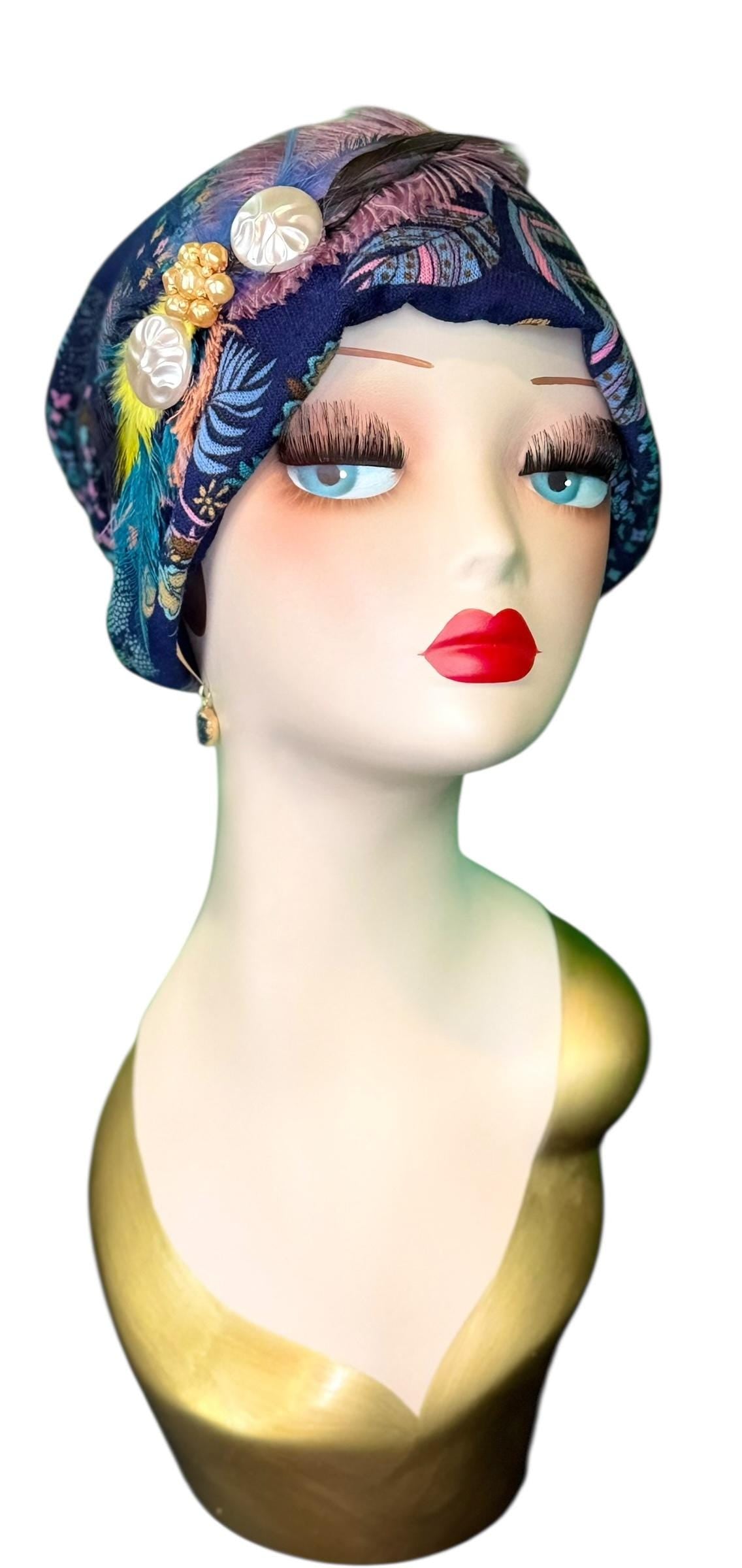 Fancy Feathered Jeweled Knit Hat - Sparkly Winter Flapper Beanie - Luxury Skiing Hat