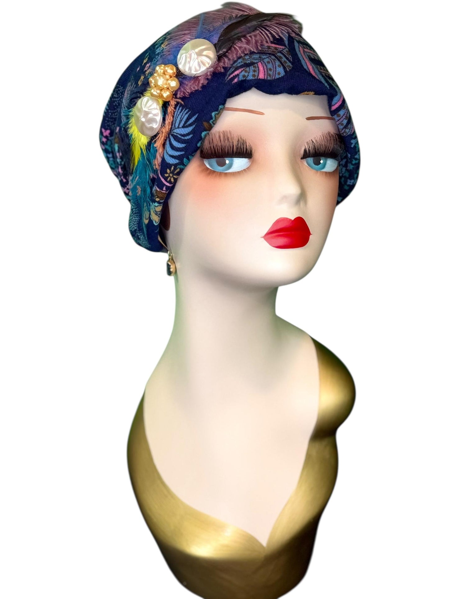 Fancy Feathered Jeweled Knit Hat - Sparkly Winter Flapper Beanie - Luxury Skiing Hat