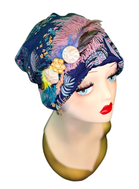 Fancy Feathered Jeweled Knit Hat - Sparkly Winter Flapper Beanie - Luxury Skiing Hat
