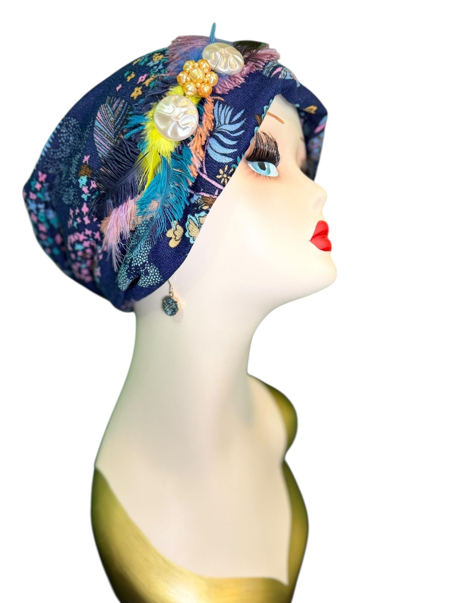 Fancy Feathered Jeweled Knit Hat - Sparkly Winter Flapper Beanie - Luxury Skiing Hat
